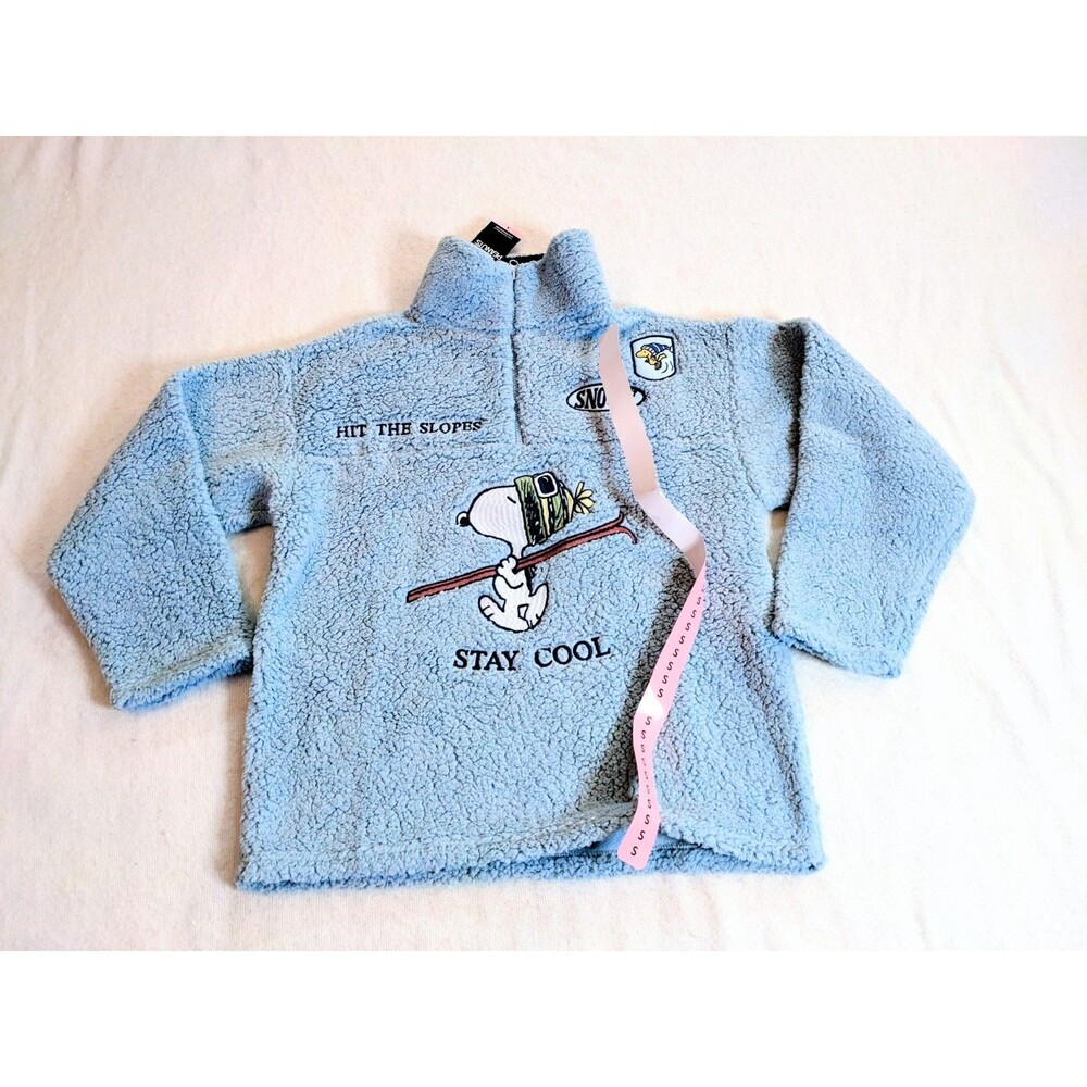 New Snoopy Women's Sherpa Fleece Jacket Peanuts Retro Full Zip Small Light Blue